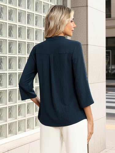 Funlingo Business Casual Tops for Women 3/4 Sleeve Zip Front V Neck Flowy Blouses Dressy Office Work Shirts Tunics to Wear with Leggings Deep Blue L — view 5