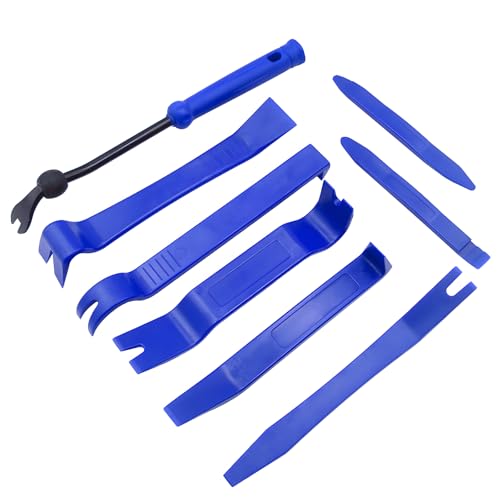 Image of DOETYD 8 Pcs car trim removal tool kit with pliers, versatile pry tool set for car upholstery, door audio panel and fastener repair, essential car tools for interior maintenance (Dark Blue)