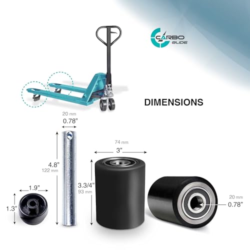 pallet jacktruck load wheels full set with axles and entry exit roller 334 x 37534 with bearings id 20mm poly tread black