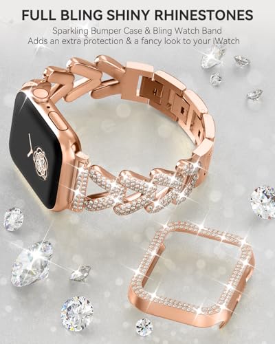 Image of Rhinestones Encrusted Metal Bracelet and Case, Compatible with Apple Watch Bands 38mm-49mm (Series 11 /10 /1 /SE /Ultra 2)- Bling Gold Women's Jewelry Strap, Luxury iWatch Bracelet