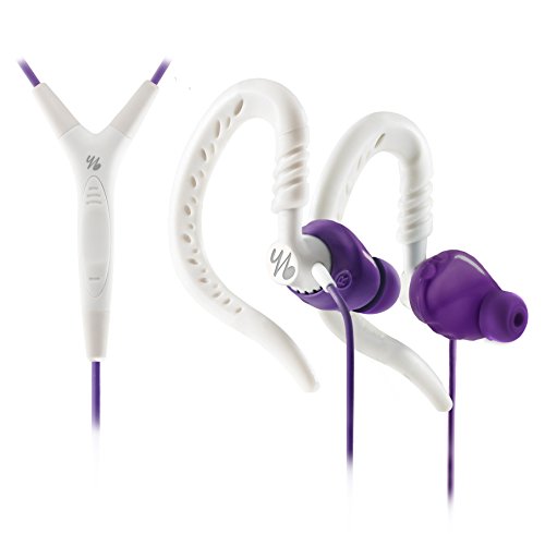 Yurbuds Focus 400 Auriculares deportivos de enganche tras la oreja con control de volumen/micrófono, Púrpura/Blanco