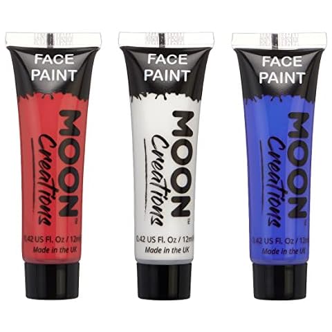 Moon Creations Face & Body Paint Tubes | Red, White, Blue Union Jack Set | 12ml | Ready to Use Face Paint | Made in UK | Face Paint for Kids, Adults, Fancy Dress, Festivals, Halloween Cover