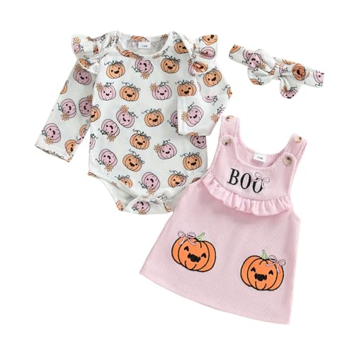 Kupretty Newborn Baby Girl Halloween Outfit Pumpkin Long Sleeve Romper Corduroy Suspender Skirt Headband Overall Dress Set