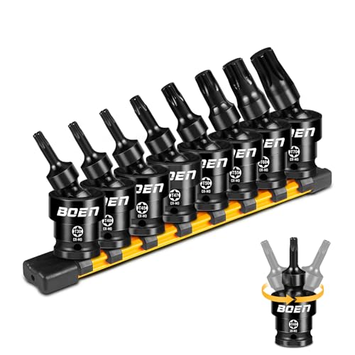 BOEN 8-Pieces Universal Torx Bit Driver Impact Socket, 1/2' Drive Size (T30, T40, T45, T47, T50, T55, T60, T70) With Socket Rail, CR-MO Steel