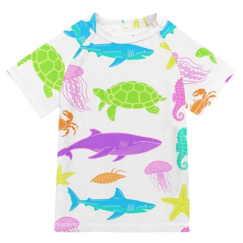 Fluorescent Green Yellow Sea Animal Turtle Whale Seahorse Short Sleeve Kids Bathing Suits Boys Swimsuits for Little Girls Kids Rash Guard for 3-12 Years Traje de bano para nino
