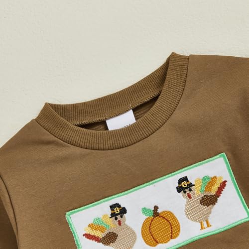 Toddler Baby Boy Thanksgiving Turkey Outfit Long Sleeve Embroidery Sweatshirt Gingham Pants 2 Piece Smocked Clothes4