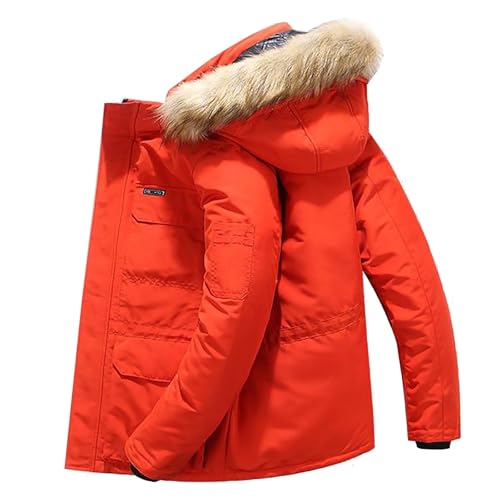 Chaqueta Acolchada Informal cálida de Invierno para Hombre con Capucha diseño Bolsillo Longitud Media Gruesa (Orange, L)