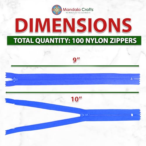 Image of Mandala Crafts 100 PCs Blue Closed-End 9 Inches Nylon Zippers for Sewing