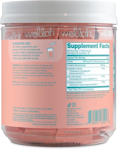 Image of Wellah Creatine for Women (Watermelon Slush) 30 Stick Packs - 3g of Creatine Monohydrate with Dandelion & Cranberry Extract, to-Go Packets