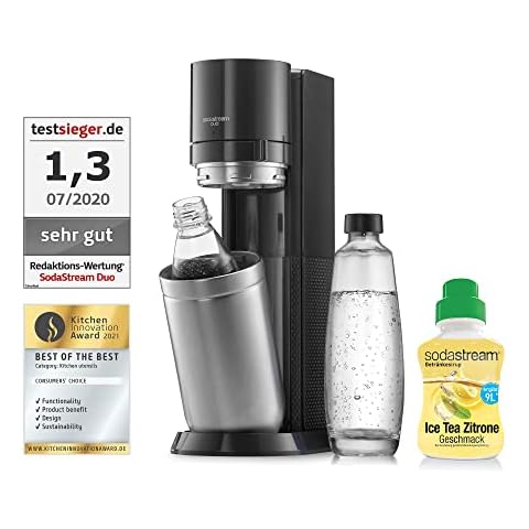SodaStreaSodaStream Wassersprudler DUO Umsteiger ohne CO2-Zylinder, 1x 1L Glasflasche,1x 1L spülmaschinenfeste Kunststoff-Flasche und 1x SodaStream Sirup Eistee Zitrone Cover