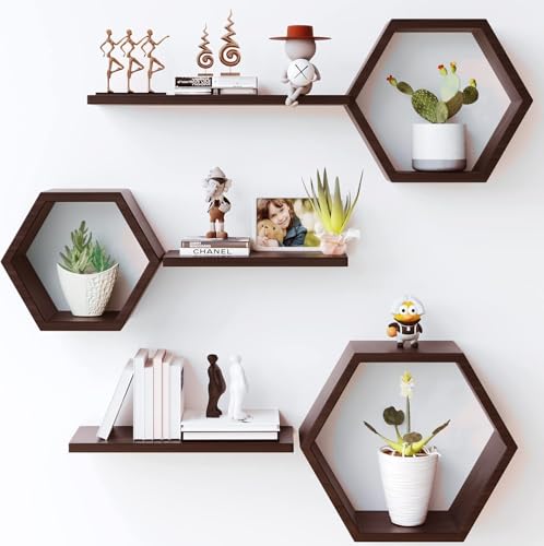 Image of Engineered Wood Woden Hexagonal Shape Wall Hanging Rack Floating Shelves for Display for Photos,Plants Living Room, Bedroom,Bathroom, Kitchen, Office (Brown)