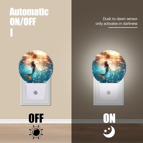 Image of Round LED Night Lights Lamp with Dusk to Dawn Sensor, Beautiful Mermaid Swimming in The Deep Sea Night Light Plug Into Wall for Kids Room, Bedroom, Bathroom, Kitchen, Hallway