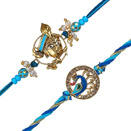 Image of eCraftIndia Lord Krishna Playing Flute Peacock Designer Rakhi Set of 2 | Rakhi for Brother Bhaiya Bhai with Best Bro Ever Fridge Magnet | Roli Chawal Pack