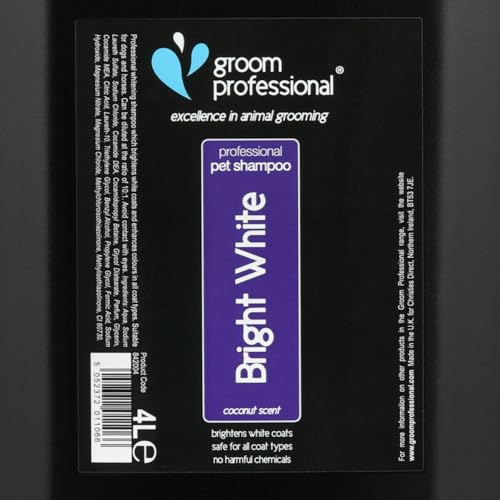 GROOM PROFESSIONAL Bright White Hundeshampoo Weißes Fell - Tiefenreinigendes Shampoo für Hunde - Hellt Weißes Fell Auf - Aufhellendes Shampoo - Entfernt Flecken und Gerüche, 4 Liter