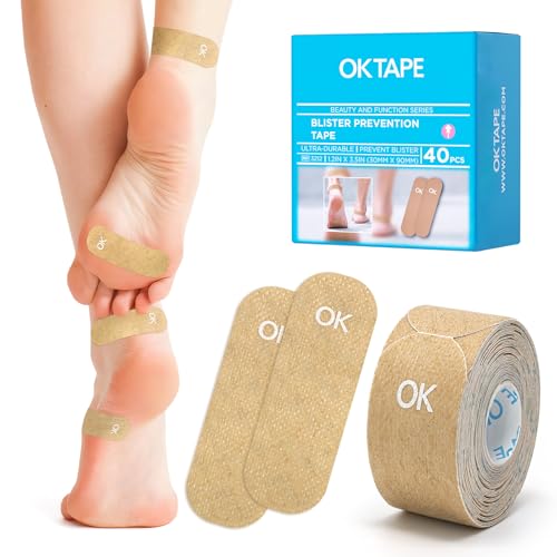 OK TAPE Blister Prevention Tape, 40 Pcs, Moleskin for Blisters, No-Residue Blister Bandages for Feet & Body, Heel Patches, 1.2in X 3.5in Precut Strips - Beige