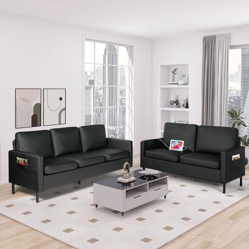56 Black Faux Leather Loveseat Sofa with USB - Small Space Living Couch