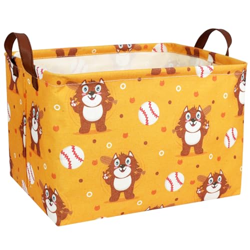 Image of Kid Cute Storage Basket Baby Gift Basket Collapsible Rectangle Canvas Storage Bin for Nursery Playroom Bedroom Decor Organizer (Cartoon Bear Baseball)