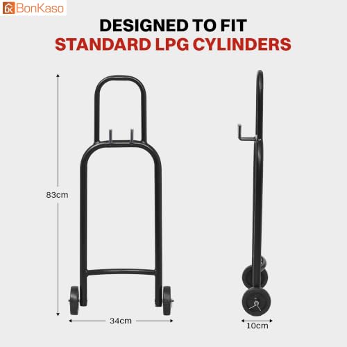 Image of Bonkaso Gas Cylinder Trolley with Handle, Heavy-Duty Alloy Steel LPG Cylinder Hand Truck, 70 kg Load Capacity, 2 Fixed 100 mm PP Wheels, Powder-Coated Black for Home Kitchen Commercial Use