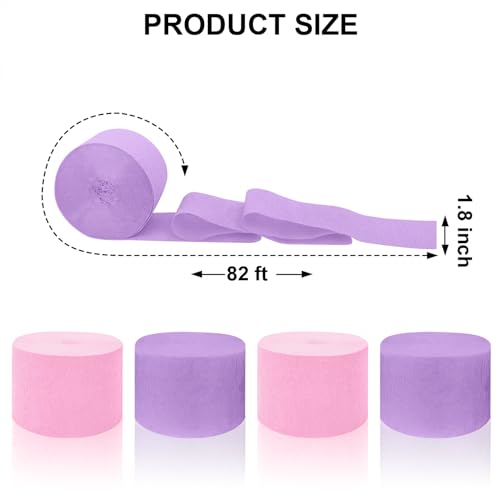 Image of 4 Crepe Paper Streamers Rolls, 328ft Pack of Pink and Purple Crepe Paper for Girls Women Birthday Baby Shower Wedding Anniversary Party Decorations (1.8 inch x 82 ft /Roll)