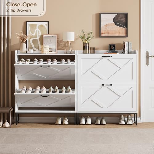 Image of Nicetree Shoe Storage Cabinet with 2 Flip Drawers, Freestanding Shoe Organizer, Shoe Cabinet with Metal Legs, Narrow Shoe Rack Cabinet, Farmhouse Slim Shoe Cabinet for Entryway, Foyer, Hallway, White