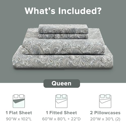 Comfort Spaces Extra Deep Pocket, 100% Cotton Queen Fits up to 24" Mattress, Breathable, Naturally Cool Cotton, Soft Cotton Sheets, All Seasons Sheet Set, Paisley 4 Piece