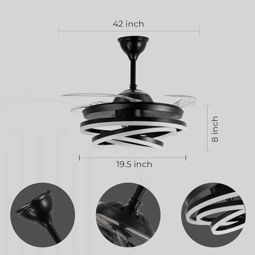 Image of HDC Invisible Black Rings Ceiling Fan Chandelier - Retractable ABS Blades Fandelier with Remote Control - Modern LED Ceiling Fan with Light for Living Room & Bedroom - Luxury Lighting