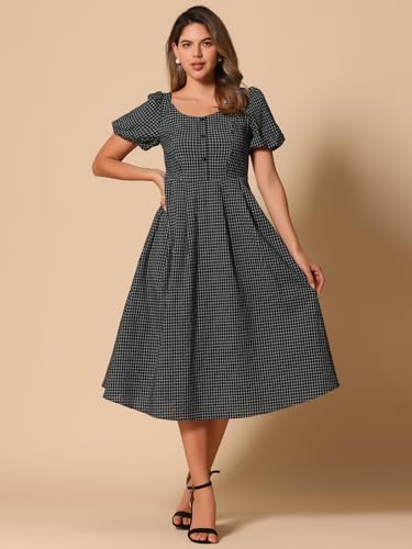 Image of Allegra K Plaid Dress for Women Summer Smocked Back Round Neck Puff Short Sleeve Flowy Midi Dresses