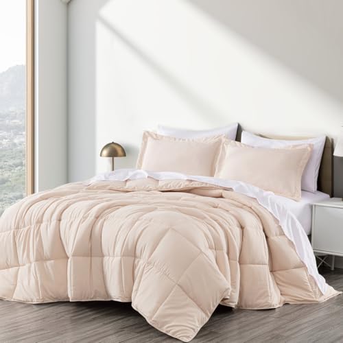 TRP 3-Piece Luxury Microfiber Fluffy Down Alternative Comforter Set King Size | Plush Soft Cozy Blush Pink Solid Color Box Stitch Pattern Fall Western Bedding | Lightweight Fuzzy Texture Piped Edges