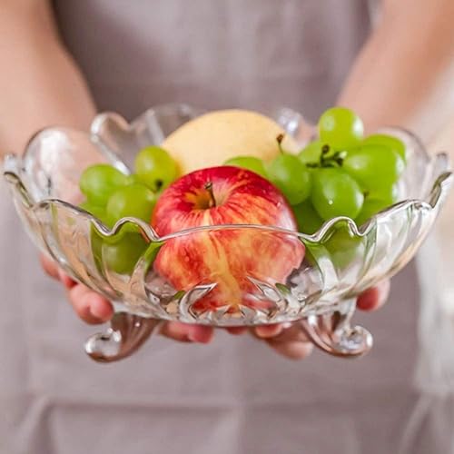 Image of Glass Fruit Bowl 9 Inch, Set of 1, Crystal Clear Beautiful Designer 3, Leg Glass Bowl for Vegetable Serving Dry Fruits, Snacks, Candy, Ice Cream, Sweets and Multi-uses Salad Bow