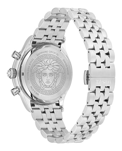 Versace Hellenyium Chrono Petite Collection Luxury Mens Watch Timepieces with a Silver Bracelet Featuring a Stainless Steel Case and a Blue Dial3