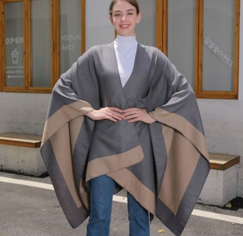 Women’s Knitted Cover Up with V-Neck Dual-Tone Reversible Shawl Wrap Lightweight Open Front Cardigan Pashmina Cape2