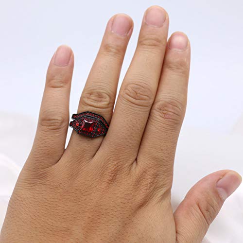 Black Gold Plated Womens Wedding Ring Sets Bridal Sets Princess Cut Red Cz Engagement Ring Wedding Band #TOP3
