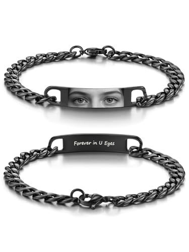 PiercingJak Paar Armband mit Augen Foto Text Gravur Herren Damen Armkette Edelstahl Panzerkette Armbänder Partnerarmbänder Liebe Schmuck Personalisierte Geschenke für Partner Pärchen Liebhaber