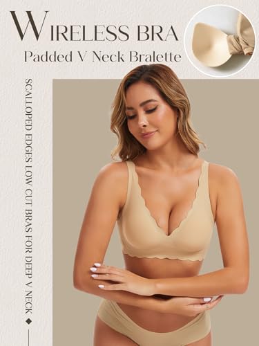 Image of Seamless Wavy Bra Wireless Jelly Bralette Low Cut Deep V Neck Bras | Adjustable Straps, Sexy Plunge Bra, Removable Pads, High Elastic Fabric, Scalloped Edges, Deep V Bras for Women No Underwire