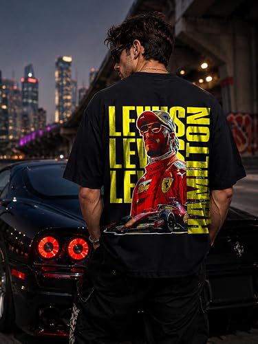 Image of Men's Cotton Oversized T-Shirt - Relaxed Fit Half Sleeve F1 Graphic Print Tee for Streetwear & Casual Outings - Black