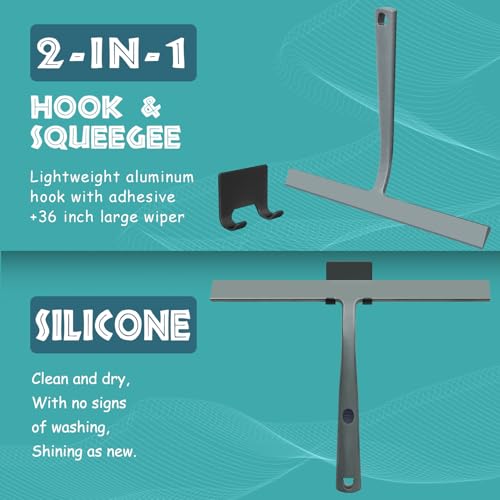Image of 14 Inch Silicone Shower Squeegee for Glass Doors with Hook - Streak-Free Window Cleaner for Bathroom, Mirror, Tile & Car, No Scratch Squeegee with Metal Core (Gray