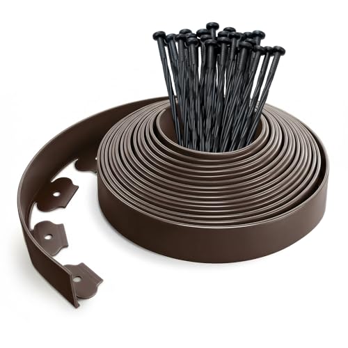 VOUNOT® Borde Jardín, Césped Borde, Flexible de Plástico, Longitud 10 m, Altura 5 cm, con 30 Clavijas, Marrón