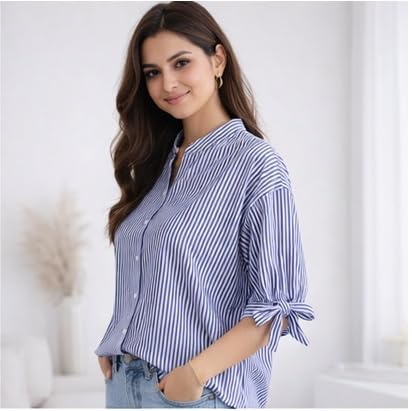 Image of Women Striped Cotton Top, Regular Fit, 3 /4 Sleeve, Casual Daily and Office Wear