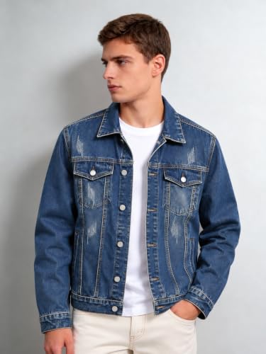 Image of Men's Indigo Blue Denim Jacket | Distressed Trucker Style | Regular Fit Casual Denim Jacket for Men | Premium Quality | Perfect for Casual & Outdoor Wear