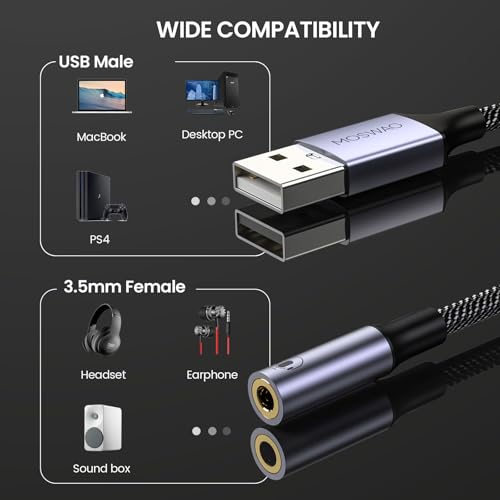 MOSWAG USB auf 3,5 mm Klinke Audio Adapter,Externe USB A Soundkarte auf 3,5 mm Aux Stereo Konverter Adapter,kompatibel mit Kopfhörer, PC, Laptop, Linux, Desktop, PS4 (Hinweis: Nicht für TV)