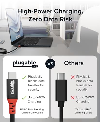 Image of Plugable USB C to USB C Cable, Data Blocker Charge Only Cable (1m /3.3ft): 240W Safe Fast Charging for MacBook, iPhone 15 /16, Galaxy S24, Steam Deck, and More USBC Devices (USBC-CC1M) (Pack of 2)