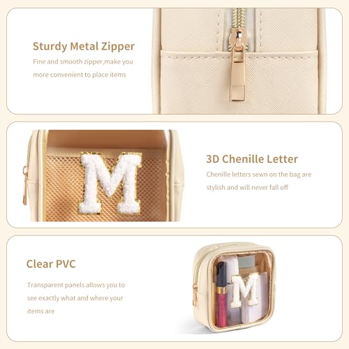 Mini Makeup Bag, Small Makeup Bag for Purse Waterproof Clear Makeup bag Leather Cosmetic Bag Square Make Up Bag Pouch with Chenille Letter, Beige3