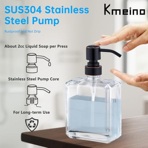 Image of Square Clear Glass Dish Soap Dispenser Set 2 Pack, Oil Rubbed Bronze Refillable Hand Soap Dispenser with Rust Proof Stainless Steel Pump 2 x 13.5 oz Lotion Dispenser for Bathroom Vanity Kitchen