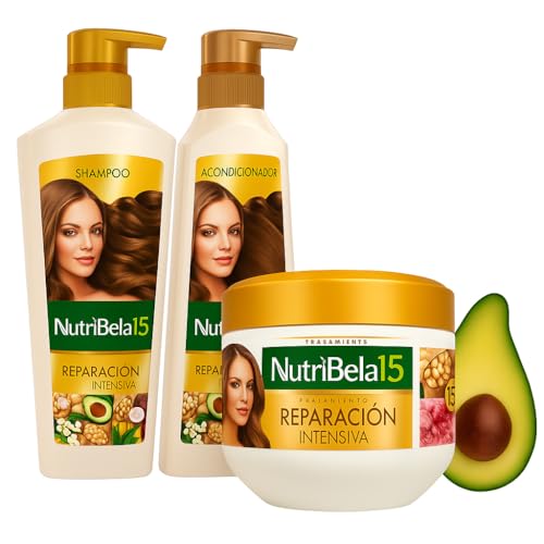Kit Nutribela 15 – Shampoo + Acondicionador + Tratamiento – Con 15 Ingredientes Naturales para Cabello Suave, Hidratado y Fuerte – Aloe Vera, Biotina, Keratina, Argán, Coco – 3 pasos
