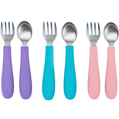 Image of WeeSprout Toddler Utensils, 3 Forks & 3 Spoons, 18/8 Stainless Steel & Food Grade Silicone, Thick Easy-Grip Handles, Perfect Length For New Self Feeders, Gentle On Gums & Teeth, Dishwasher Safe