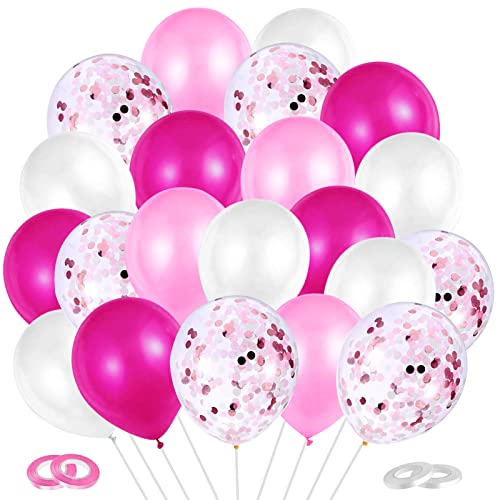 JKDHJK 60 Globos De Látex De 12" + 4 Cintas, Globos De Confeti Juego De Globos Globos De Cumpleaños Para Decoración Cumpleaños, Globos Boda, Decoraciones Para Eventos (Rosa+Blanco+Confeti) Cover