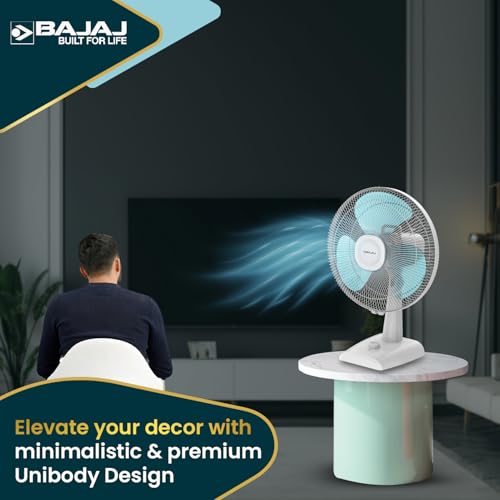 Image of Bajaj Armor Series Fuzion 400MM Table Fan For Home | Durabreeze Pro Technology | Surge Protection | 100% Copper Motor | High Air Delivery | 3 Years Warranty 【White BlueTint】