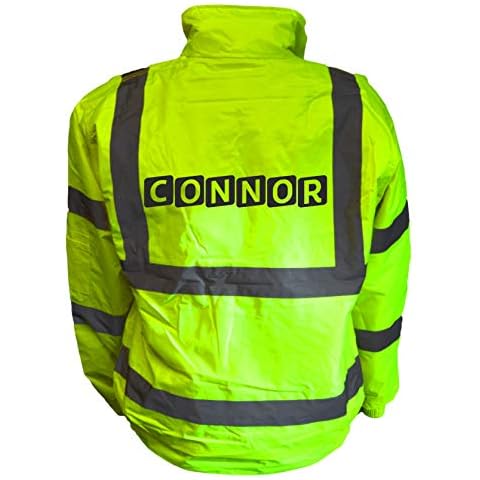 Personalised Your Name Here Kids Hi Vis Yellow Bomber Jacket, Reflective High Visibility Safety Childs Coat Cover