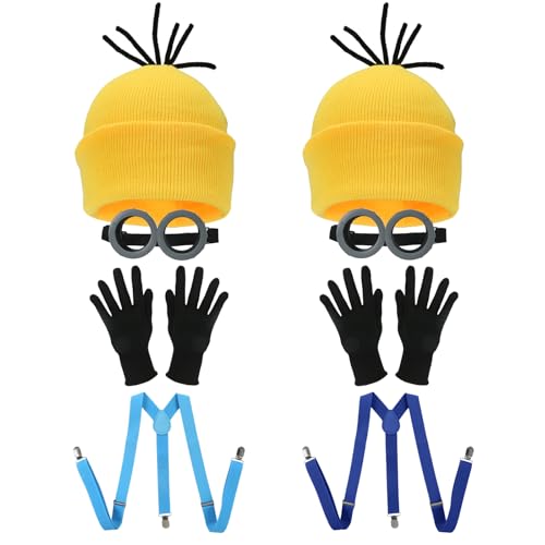 8 Pcs Yellow Halloween Costume Accessories Set,Beanie Hats/Goggles Glasses/Gloves/Suspenders for Unisex Men and Women Adults Cosplay Party Kit