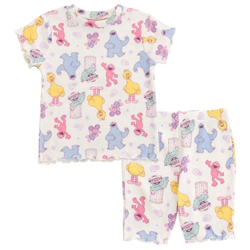 Sesame Street Toddler Girls Ribbed T-Shirt and Shorts Outfit Set Off White 4T